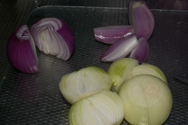 Peel and slice some of your favourite onions. I used a pink onion, a shallot and a couple of white/yellow 'plain' onions.